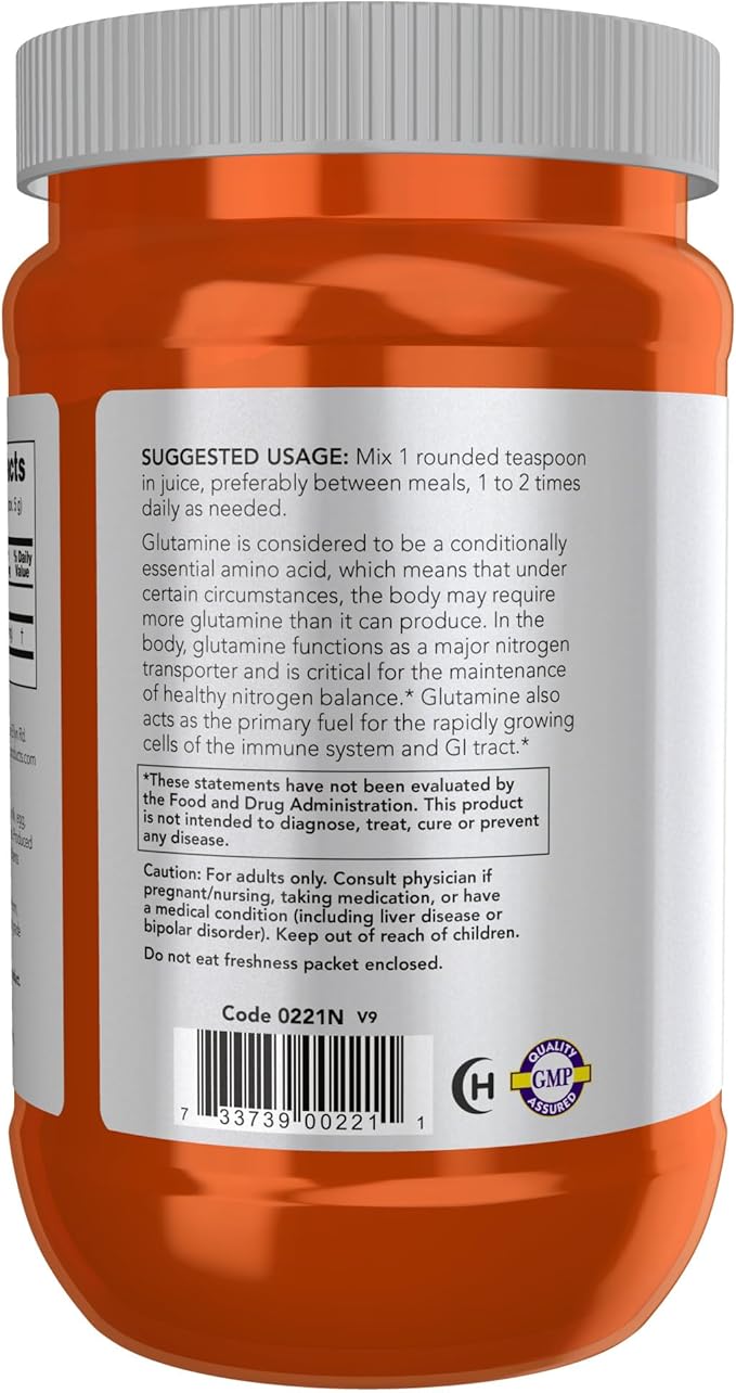 NOW Foods Sports Nutrition, L-Glutamine Pure Powder, Nitrogen Transporter*, Amino Acid, 1-Pound
