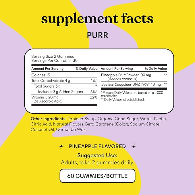 Lemme Purr Vaginal Probiotic Gummies for Women - Balanced pH, Healthy Odor, Yeast Balance & Flora Support + Vitamin C for Immune Health - Tasty Pineapple (60 Count)