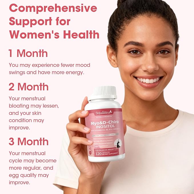 Mulittea Myo-Inositol & D-Chiro Supplement for Women - 14-in-1 Liposomal Inositol with Folic Acid,Omega-3 & Multivitamin for Hormone Balance,Support Ovarian,Skin & Mood- 40:1 Vegan 120 Capsules
