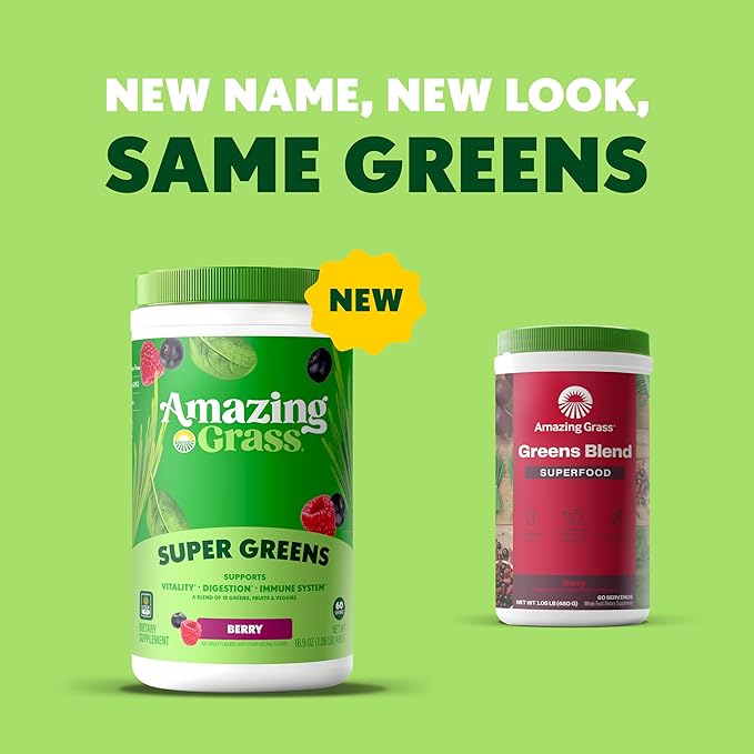 Amazing Grass Greens Blend Superfood: Super Greens Powder Smoothie Mix with Spirulina,Chlorella,Beet Root Powder,Digestive Enzymes & Probiotics,Berry,60 Servings (Packaging May Vary),(Pack of 2)