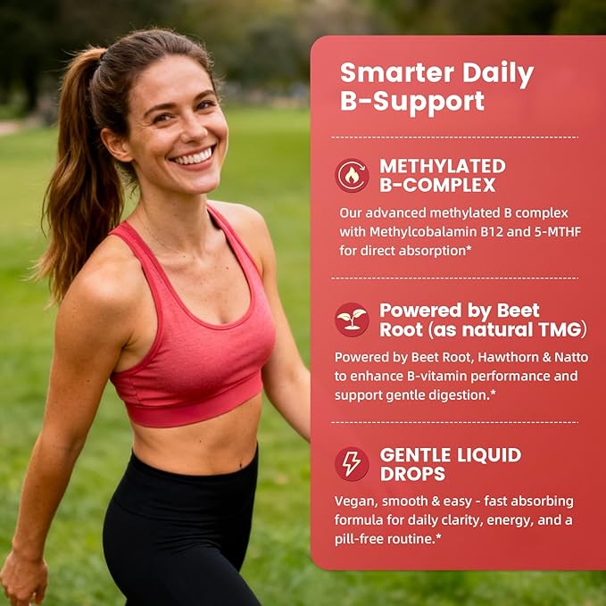 Methylated B Complex - 5000 mcg Methylcobalamin B12 & 5-MTHF Folate 1000 mcg - Vitamin B Complex Liquid Drops with B3, B6, Beetroot, Hawthorn - Energy, Focus, Heart & Brain, Sugar-Free, 2 Fl Oz