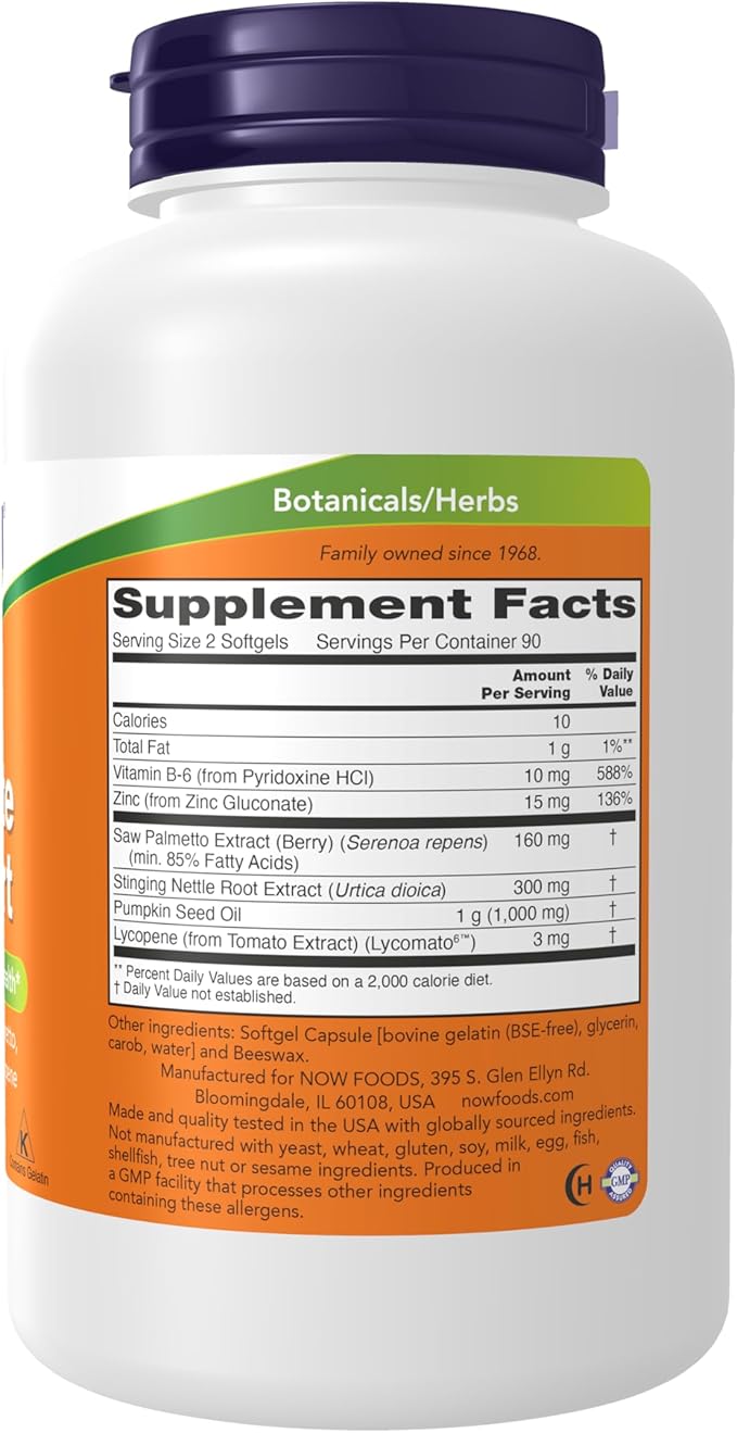 NOW Supplements, Prostate Support, Prostate Support, with Standardized Saw Palmetto, Stinging Nettle & Lycopene, 180 Softgels