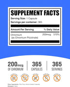 BulkSupplements.com Chromium Picolinate Capsules - Chromium Supplement, Mineral Supplement - Gluten Free, 1 Capsule per Serving, 365 Count (Pack of 1)
