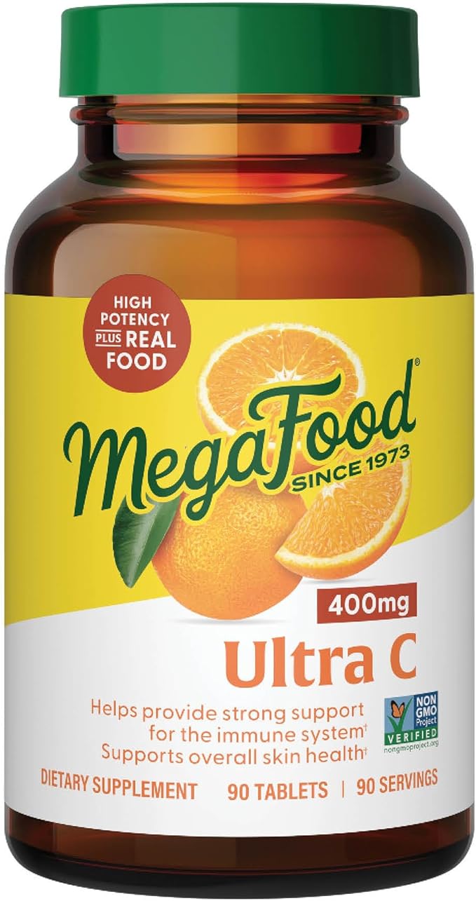 MegaFood Ultra C 400 mg - Vegan Vitamin C Immune Support Supplement, Vitamin C Supplement Made with Real Food Including Broccoli, Carrot, Cranberry & Brown Rice - 90 Tablets, 90 Servings