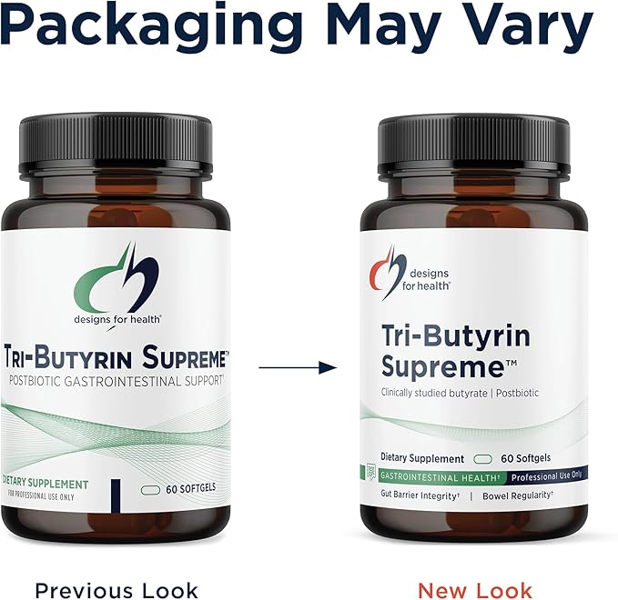 Designs for Health Tri-Butyrin Supreme - 3-in-1 Butyric Acid (Butyrate) Postbiotics for Gut Health & Gut Permeability Support - Tributyrin Supplement with Odor-Minimizing Innovation (60 Softgels)