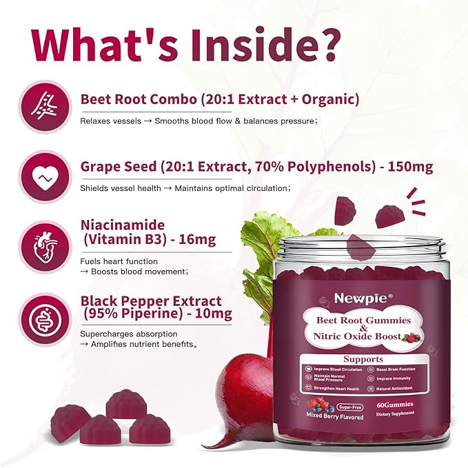 Beet Root Gummies,Super Nitric Oxide Beets Supplement,Grape Seed&Black Pepper Extract,Vitamin C & B12,Supports Blood Pressure&Energy,Mixed Berry,20:1 Beetroot,120 Beet Chews