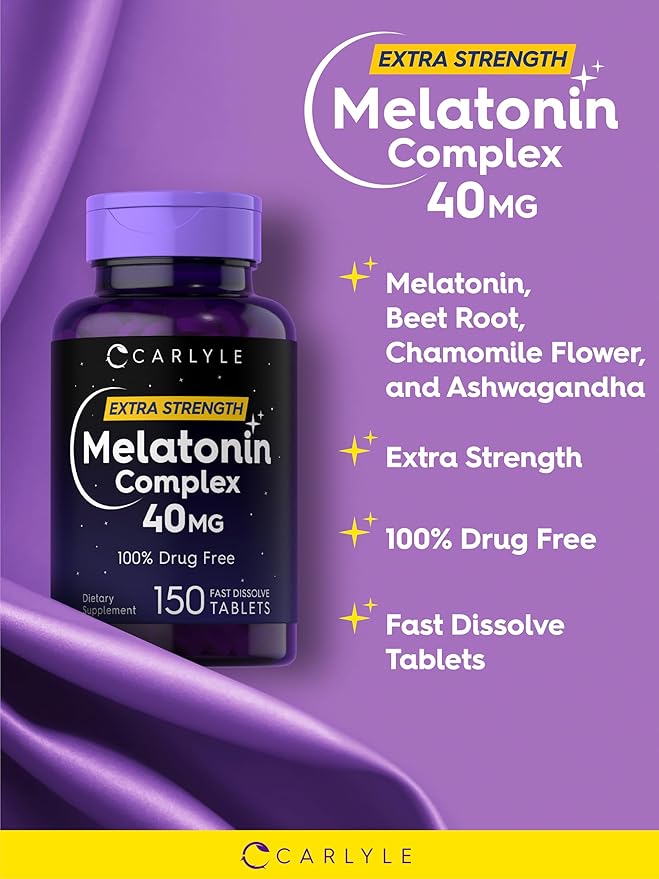 Carlyle Melatonin 40mg Complex | 150 Fast Dissolve Tablets | Extra Strength Support | with Ashwagandha and Chamomile | Vegetarian, Non-GMO, Gluten Free Supplement