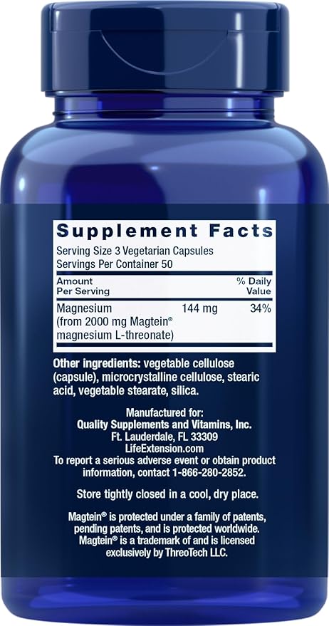 Life Extension Neuro-Mag Magnesium L-Threonate, 150 Vegetarian Capsules, Magtein Supplement for Women and Men