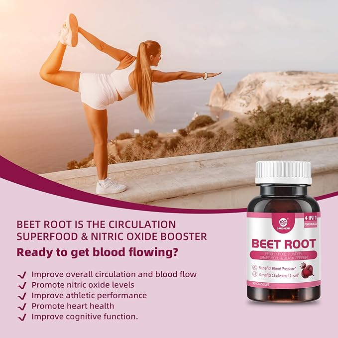 Beet Root Capsules 24000mg with Grape Seed Extract, Reishi Mushroom, Black Pepper, Beet Root Supplement 4 in 1 for Nitric Oxide and Health Circulation, 90 Rapid Release Capsules