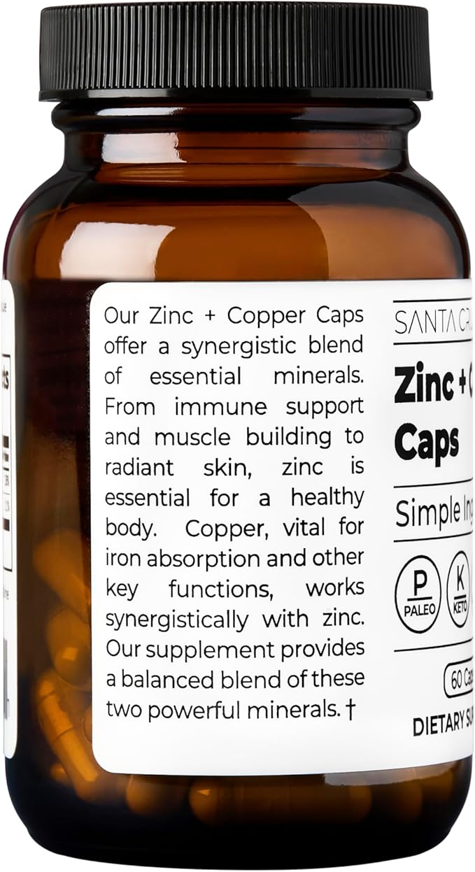 Santa Cruz Paleo, Zinc & Copper Mineral Supplement, High Absorption Formula, Zinc Supplement for Skin & Hair, L Methionine, Copper Gluconate, Trace Minerals, Gluten Free, Keto, Paleo, 60 Capsules