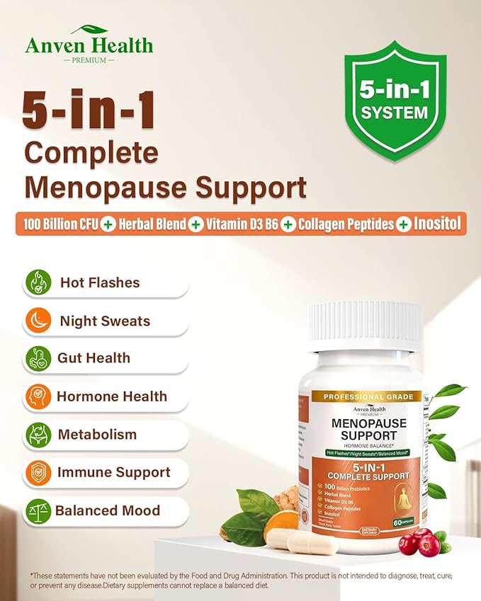Menopause Supplements for Women, Vitamin D3 & B6, Menopause Relief Probiotics Supports Hot Flashes, Night Sweats, Bloating & Gut Health with Black Cohosh, Herbs, Collagen | 60 Veggie Caps