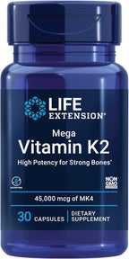Life Extension Mega Vitamin K2 High Potency for Strong Bones, clinically studied 45 mg K2 dosage, promotes healthy bone density, gluten-free, non-GMO, 30 capsules
