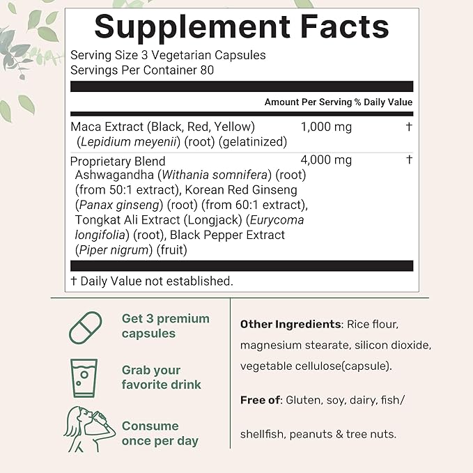 Maca Root Capsules for Women & Men 5,000mg | 240 Veggie Capsules with Ashwagandha, Red, Black, Yellow Maca Root, Panax Ginseng, Tongkat Ali & Black Pepper