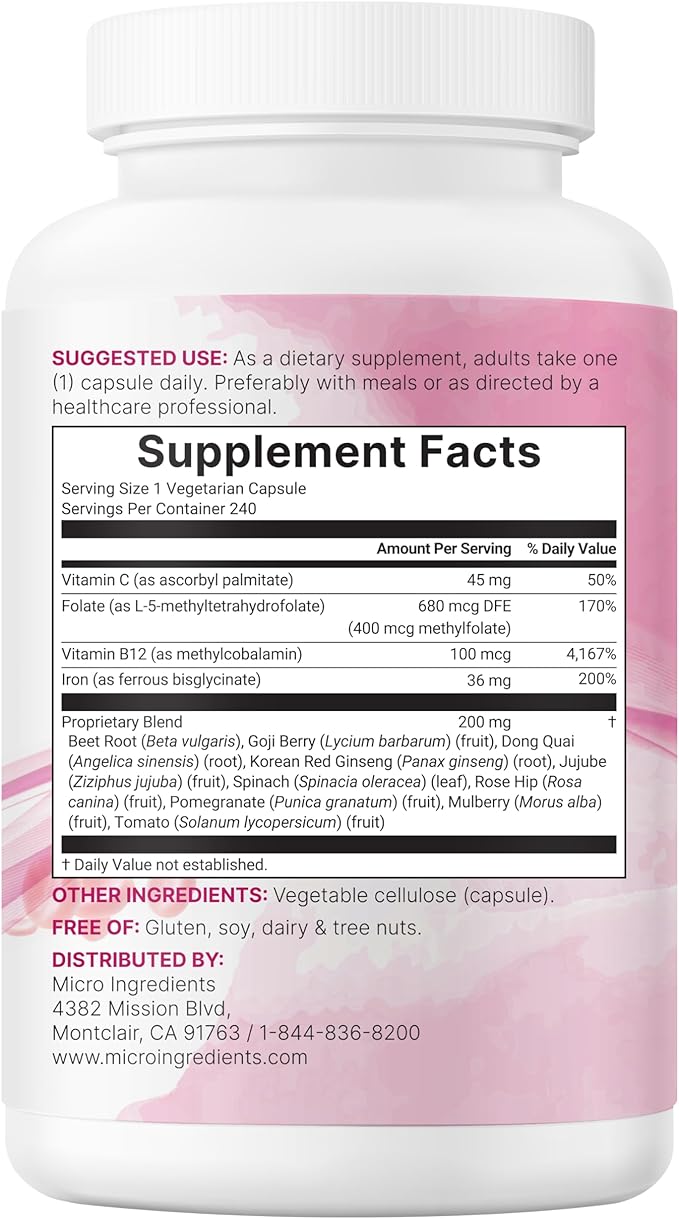 Micro Ingredients Blood+ Advanced Iron Supplement, 240 Veggie Capsules | 14-in-1 Iron Bisglycinate with Folate, Vitamins B, C | Chelated Iron Complex with Botanical Blend | Non-GMO