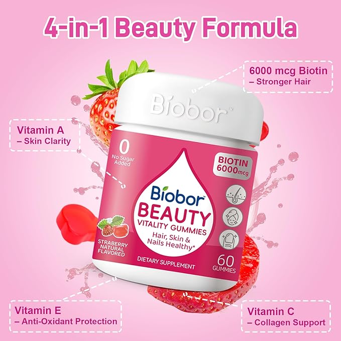 Biobor Beauty Gummies, Natural 6000mcg Biotin Gummies for Women Men, No Sugar Added Hair Skin and Nails with Vitamins A C E, GMO Free, Gluten Free,120 Count