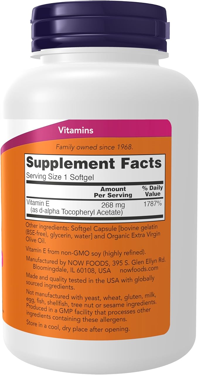 NOW Foods Supplements, Vitamin E-400 IU, D-Alpha Tocopheryl, Antioxidant Protection*, 250 Softgels