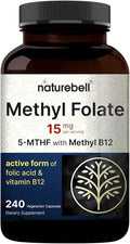 NatureBell Methyl Folate 15mg - 240 Capsules - 5-MTHF with Methyl B12-15mg L-Methylfolate & 1,000mcg Vitamin B12 - Energy & Cognitive Support Supplement* - Gluten-Free & Non-GMO