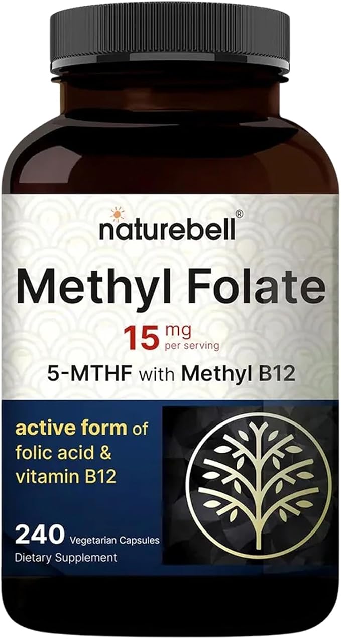 NatureBell Methyl Folate 15mg - 240 Capsules - 5-MTHF with Methyl B12-15mg L-Methylfolate & 1,000mcg Vitamin B12 - Energy & Cognitive Support Supplement* - Gluten-Free & Non-GMO