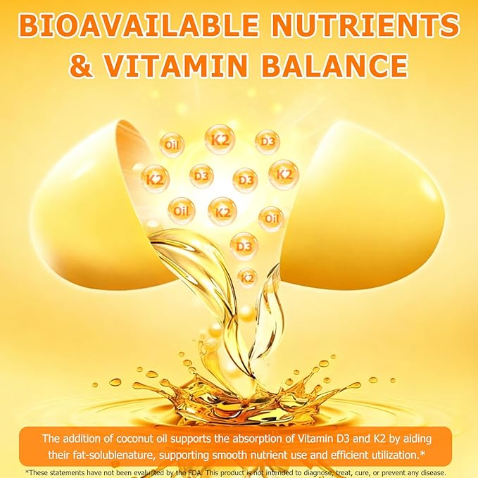 Vitamin D3 K2, D3 K2 Vitamin 10000 iu Supplement With Coconut Oil Softgels, 2 in 1 Formula 200 mcg (MK-7) Complex Softgels Support Calcium Absorption, Immune, Bone Health D3 K2 Vitamin - 120 Softgels