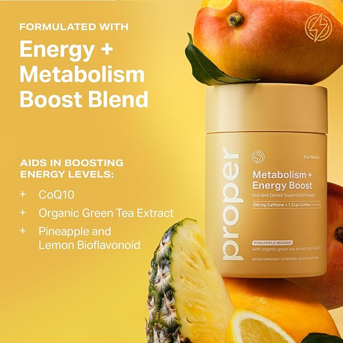 Proper, The Yellows Metabolism and Energy Boost, Sugar Free Energy Drink Powder with 100mg Caffeine. 30 Servings, Pineapple Mango Drink Mix for Men and Women