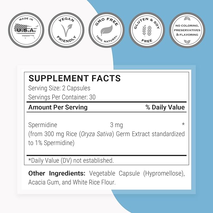 Supersmart - Spermidine 3mg per Day - Rice Starch Extract Supplement | Non-GMO & Gluten Free - 60 Vegetarian Capsules