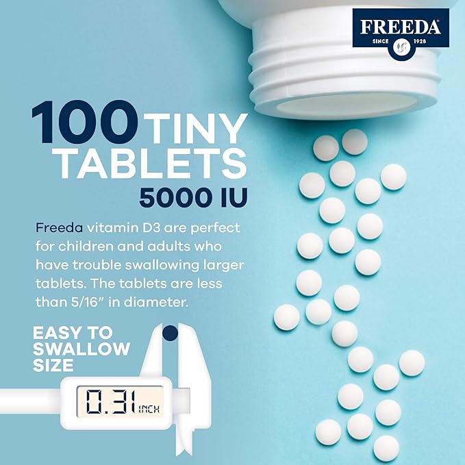FREEDA Vitamin D3-5000 IU – High-Potency Vitamin D for Bone Strength & Immune Support – Easy-to-Swallow Tablets – 100 Tiny Tablets