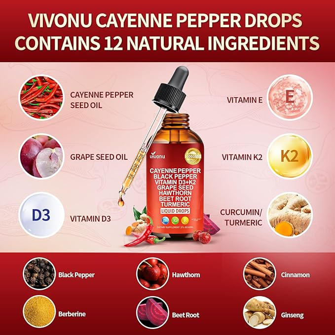 Cayenne Pepper Softgels Supplement, Supports Leg Vein, Heart and Blood Vessel Health, with Vitamin E D3+K2 and Extracts of Grape Seed, Hawthorn, Beetroot, Berberine and Others (Drops / 1 Bottle)