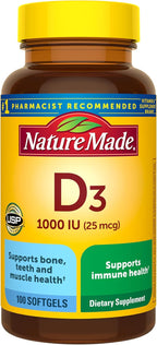 Nature Made Vitamin D3 1000 IU (25 mcg), Vitamin D Supplement for Bone, Teeth, Muscle and Immune Health Support, 100 Softgels, 100 Day Supply