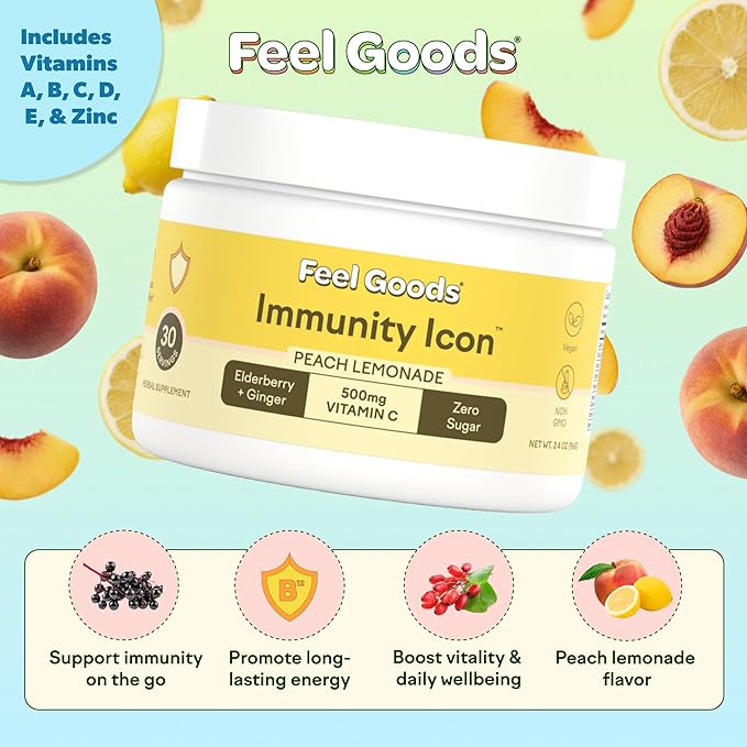 Feel Goods Immunity Icon, Vitamin C Immune Support Powder Drink Mix- 500mg Vitamin C, Elderberry, Ginger, Turmeric & Key Vitamins for Daily Immune Health - Sugar-Free & Caffeine-Free Drink Mix Packets