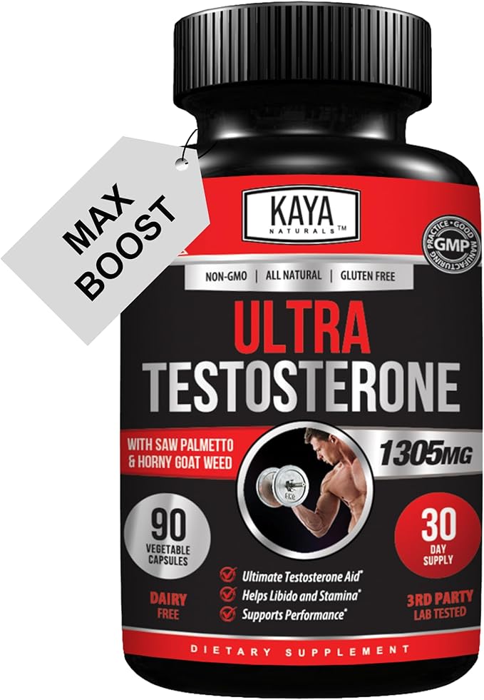 Kaya Naturals Ultra Testosterone - Men's Testosterone Booster with Tongkat Ali, Horny Goat Weed, Tribulus - Natural Workout Supplement for Energy, Stamina, and Strength Booster - 90 Count