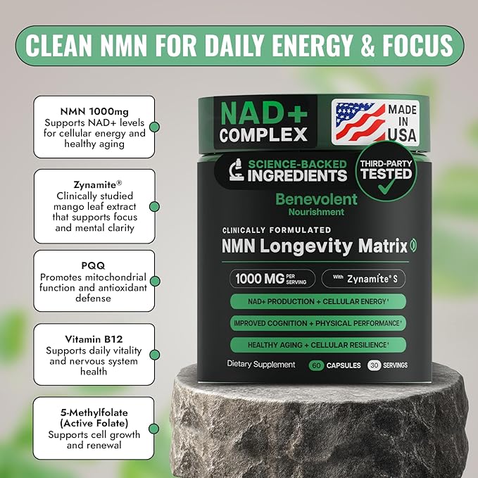 Benevolent Advanced NMN Supplement 1000mg (98% Purity) – 5-in-1 NMN Longevity Matrix with Zynamite® & PQQ for Increased NAD+ Levels, Cellular Energy, Cognitive & Healthy Aging – 60 Vegan Capsules