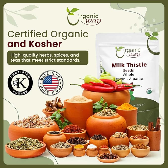 Organic Way Whole Milk Thistle Seeds (Silybum marianum) - Herabl Tea | European Wild-Harvest, Organic & Kosher Certified, Vegan, Non GMO & Gluten Free, USDA Certified, Origin - Albania (2 Oz)