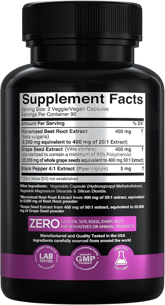 X Gold Health Beet Root Extract + Grape Seed Extract Nitric Oxide Support for Energy & Endurance 95% Polyphenols Non-GMO, Vegan 180 Capsules for Men & Women Made in USA