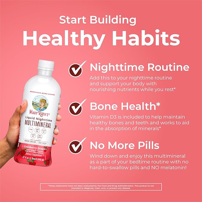 MaryRuth's Liquid Nighttime Multimineral | No Melatonin | Bedtime Routine | Magnesium Citrate | Calcium | Zinc | Vitamin D3| Available in 4 Flavor - Vegan | Sugar Free | Gluten Free | 32 Oz