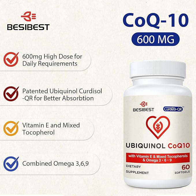 Ubiquinol CoQ10-600mg-Softgel, Active Coq10 Ubiquinol Supplement with Vitamin E & Omega 3, 6, 9, High Absorption-Coenzyme-Q10, Powerful Antioxidant for Energy Production, Tested, 480 Count