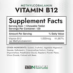 Built by Nature Vitamin B12 1000 mcg Methylcobalamin – Fast Dissolve Sublingual Tablets for Energy & Nervous System Support - Berry Flavor – 120 Chewable Tablets (4 Month Supply)