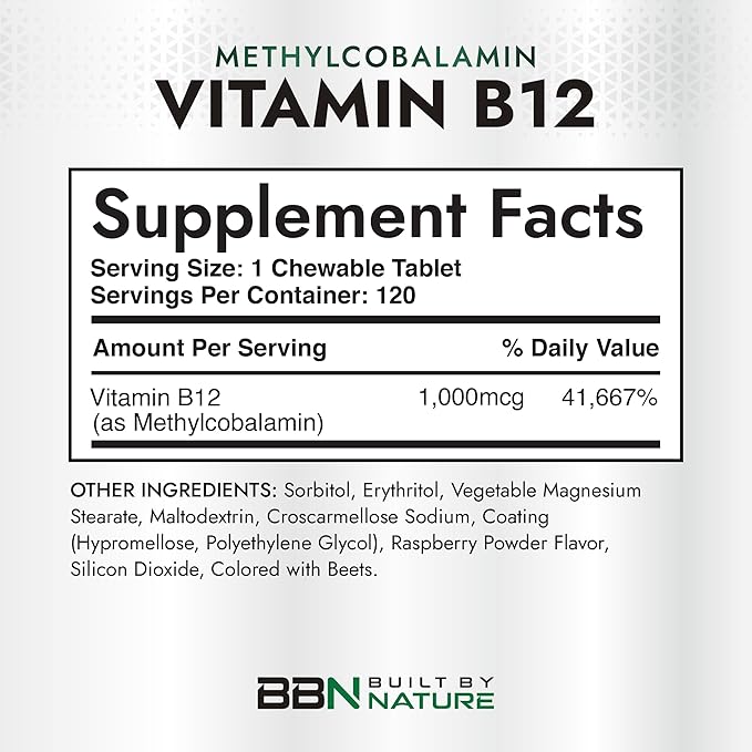 Built by Nature Vitamin B12 1000 mcg Methylcobalamin – Fast Dissolve Sublingual Tablets for Energy & Nervous System Support - Berry Flavor – 120 Chewable Tablets (4 Month Supply)