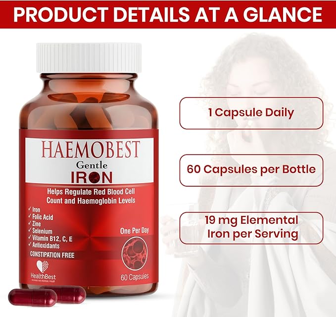 HealthBest High Potency Gentle Iron Capsules 19mg |Slow Release Iron for Faster Absorption, Non-Constipating| Vitamin C, B12, Folate Zinc & Selenium for Anemia, Hemoglobin & Immune Support |60 Count