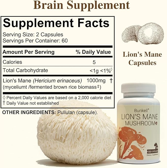 Lion's Mane Capsules, 1,000mg Lions Mane Supplement Capsules for Brain Health Support, Mushroom Powder Extract for Focus, Cognitive & Immune Health Support, 120 Count