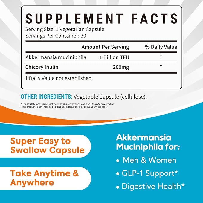 Akkermansia Probiotic GLP-1, 1 Billion TFU, Akkermansia Muciniphila with Prebiotic Inulin, for Men & Women, Vegan, Non-GMO, 30 Caps