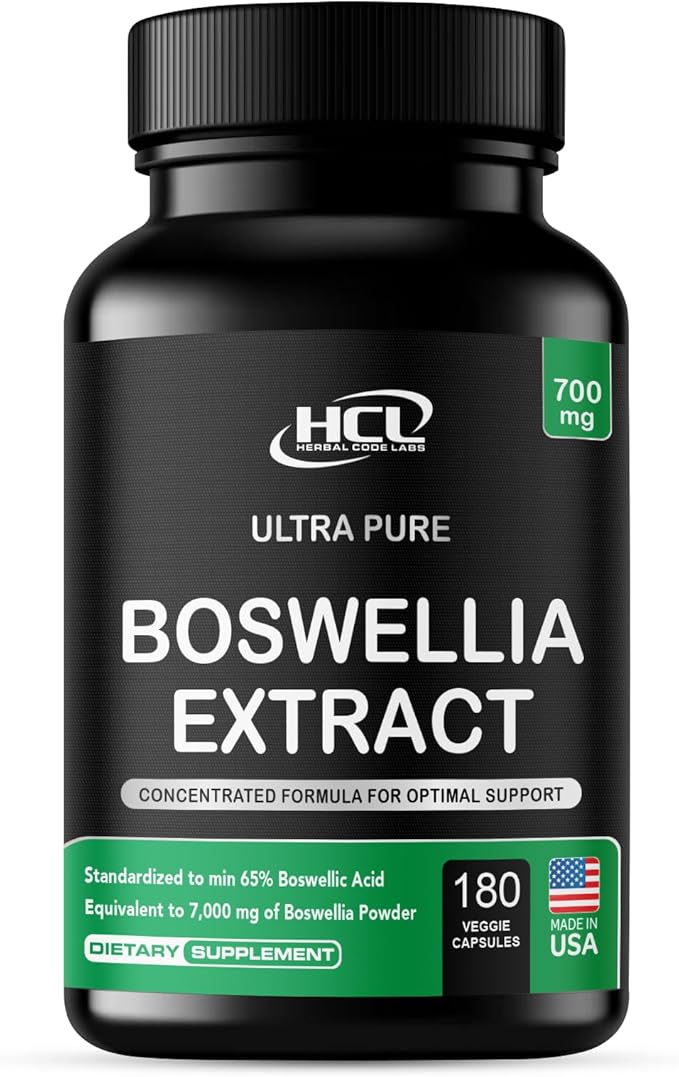 HCL HERBAL CODE LABS Boswellia Serrata Extract Capsules 65% Boswellic Acid 700mg Equal to 7000mg Resin Powder, Extra Strength & Superior Absorption, 6 Month Supply 180 Vegan Capsules Non-GMO
