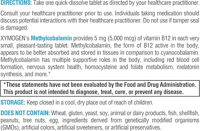 XYMOGEN Methylcobalamin - 5 mg Vitamin B12 - Supports Healthy Methylation, Neurological Health & Red Blood Cell Formation - Non-GMO & Gluten Free - 60 Quick-Disssolve Tablets