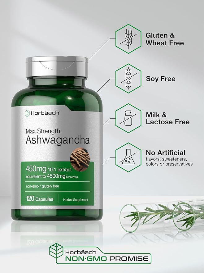 Horbäach Ashwagandha Supplement | 120 Capsules | with Black Pepper Extract | Maximum Strength | Non-GMO, Gluten Free Formula