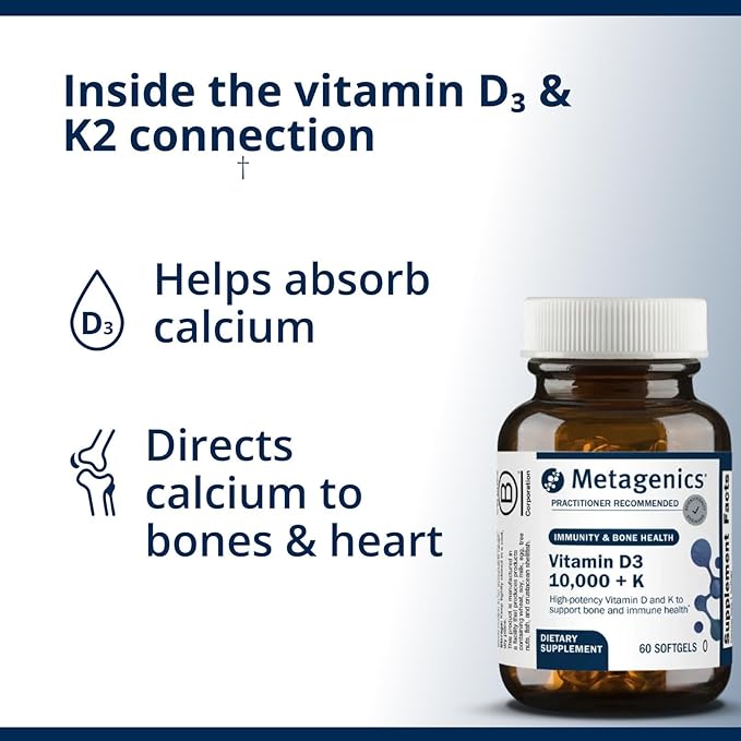 Metagenics Vitamin D3 + K - for Artery Health, Immune Support, Bone & Heart Health* - Vitamin D with MK-7 (Vitamin K2) - Non-GMO - Gluten-Free - 60 Softgels - 10,000 IU