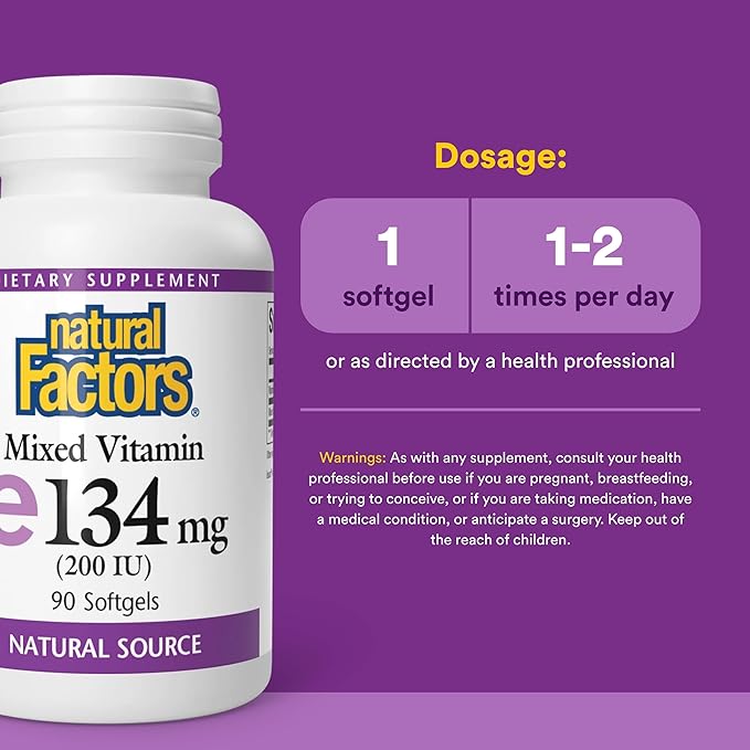 Natural Factors Mixed Vitamin E 134 mg (200 IU) - Antioxidant Supplement for Cardiovascular Support - No Artificial Ingredients - Gluten-Free, Dairy-Free & Non-GMO - 90 Softgels (90 Servings)