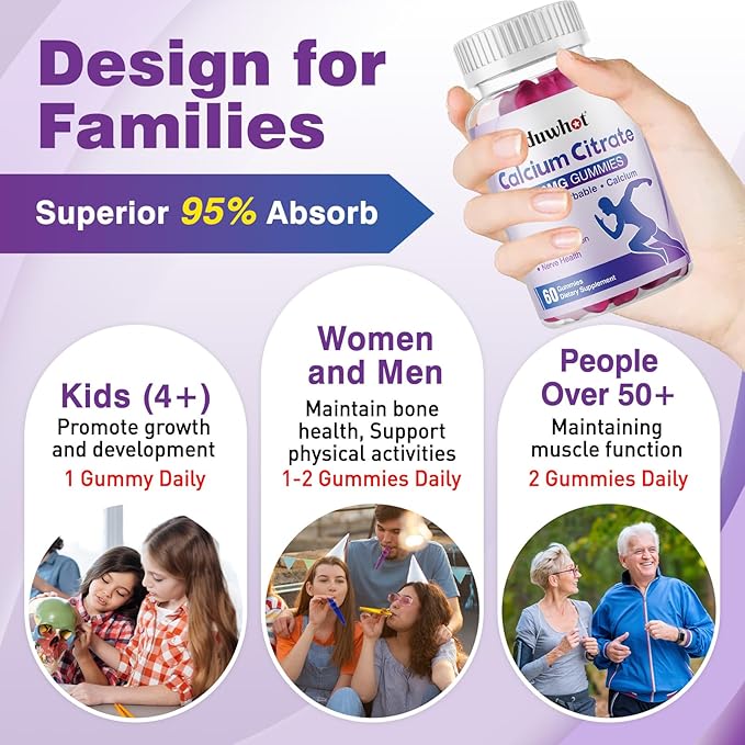duwhot Calcium Citrate Gummies, Chewable Calcium Citrate 1000mg For Bone, Muscle & Immune Support, High Absorption Calcium Supplements for Women & Men, Kids, Blueberry Flavor, Vegan, Organic, 60 Chews