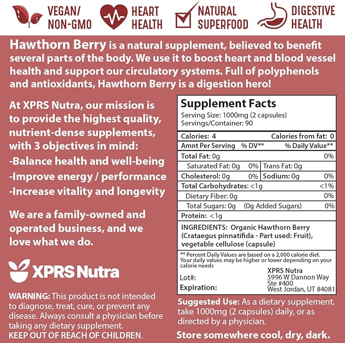XPRS Nutra Hawthorn Berry Capsules - 180 Count (90 Day Supply) of Premium Hawthorne Berry Capsules for Cardiovascular Support - Vegan Friendly Hearth Health Supplement