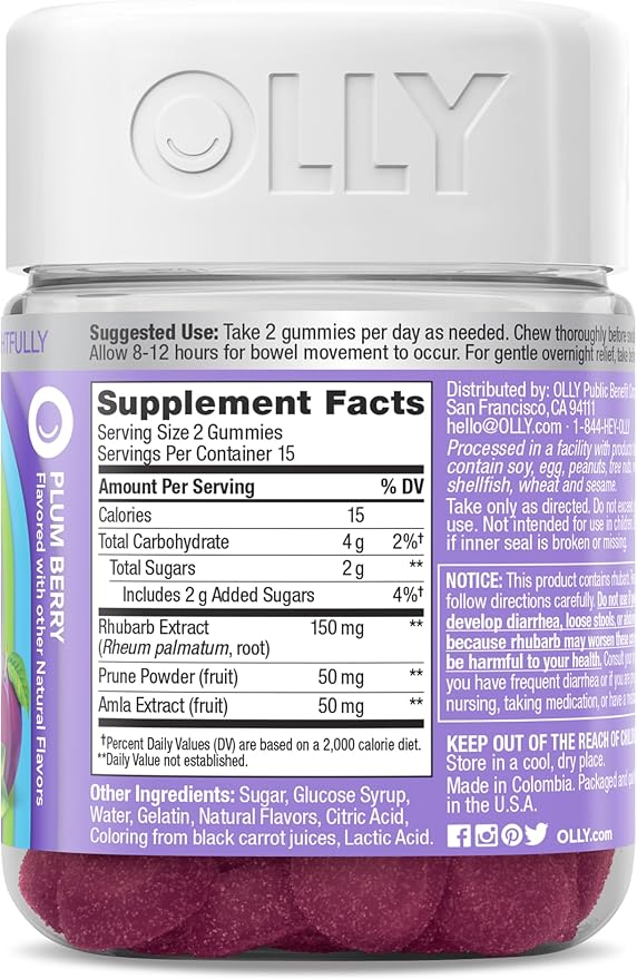 OLLY Keep it Movin' Gummy Supplement, Occasional Constipation Support,* Rhubarb, Prune, Amla Extracts - Plum Berry Flavored, 15 Day Supply - 30 Count