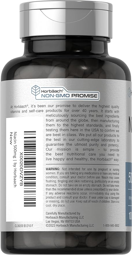 Horbäach Niacin | Vitamin B3 500mg | 100 Capsules | with Flushing | Non-GMO, and Gluten Free Supplement