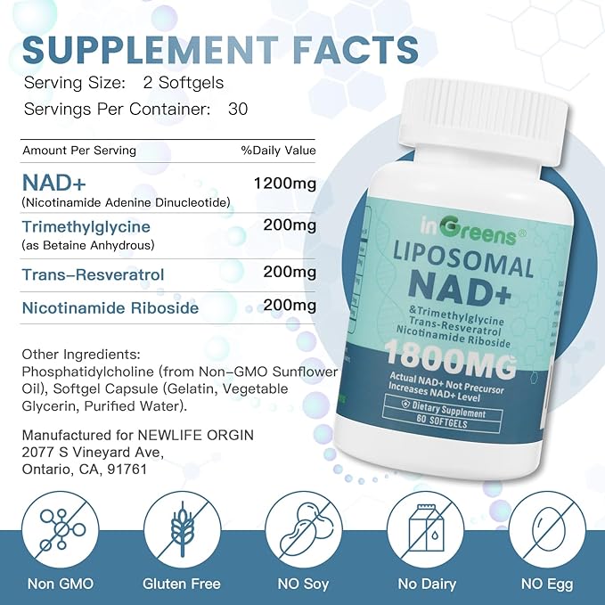 inGreens Liposomal NAD+ Supplement 1800 mg with Nicotinamide Riboside, Trans Resveratrol, Trimethylglycine, Replaces NMN, Boost NAD+, Aging Defense, Cellular Energy, 300 Softgels